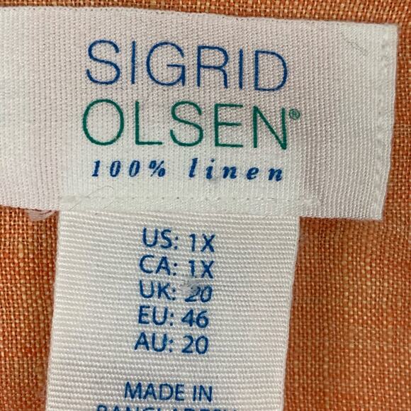 Sigrid Olsen Orange Linen Top Sizse 1X Roll Tab Sleeve V Neck Button Up Relaxed - Picture 4 of 7
